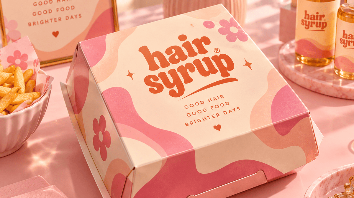 Pink and cream branded burger packaging on a colourful beauty-themed event table