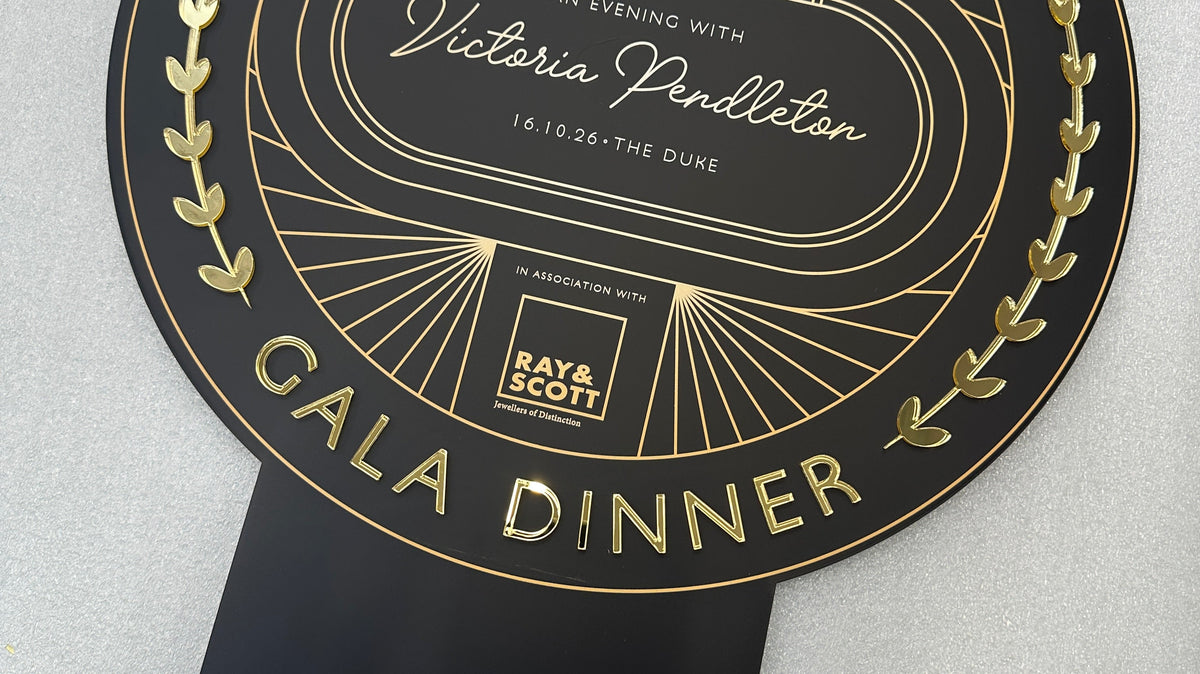 Bespoke black and gold acrylic sign for An Evening with Victoria Pendleton