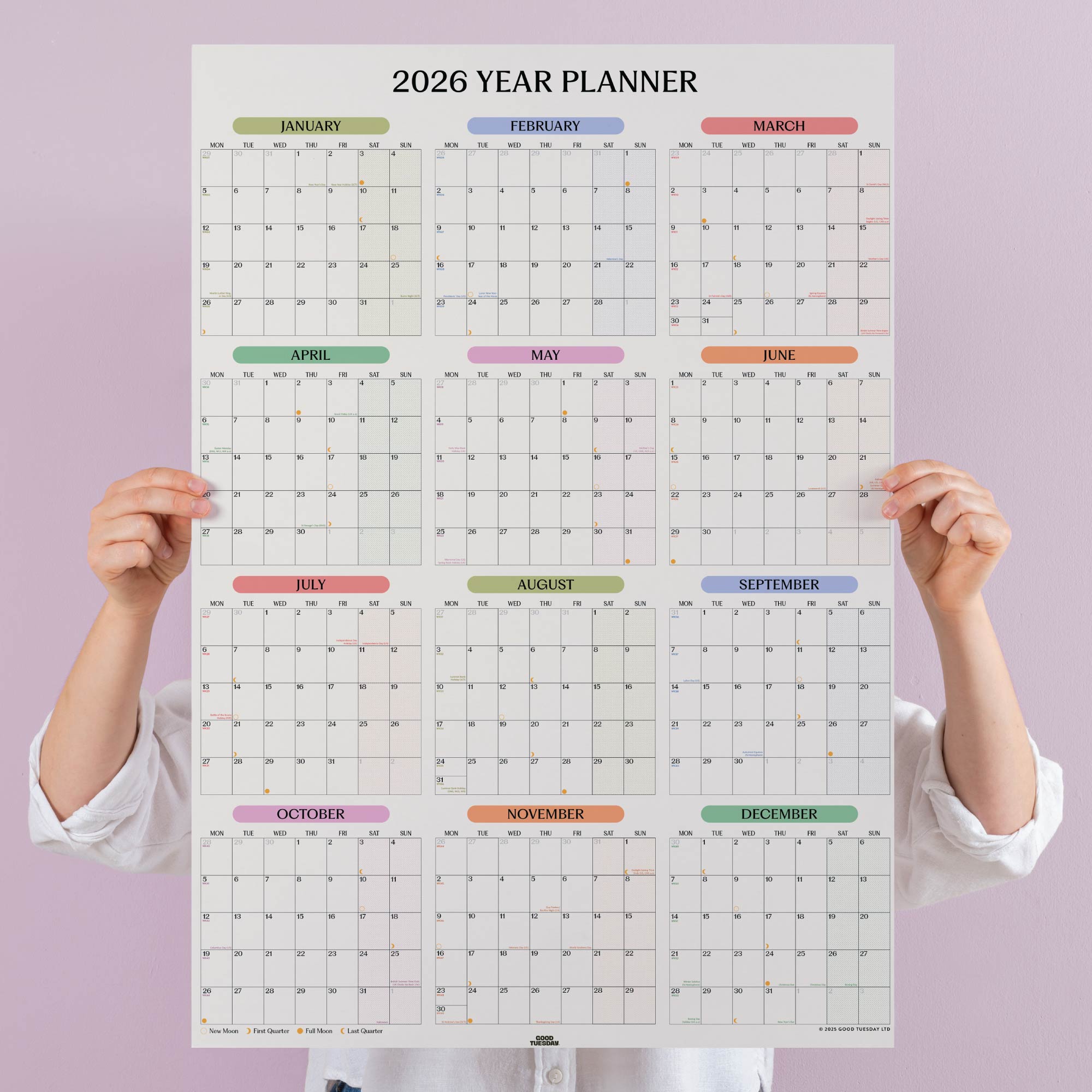 2026 Pastel A1 Wall Planner Monthly Grid Yearly Overview