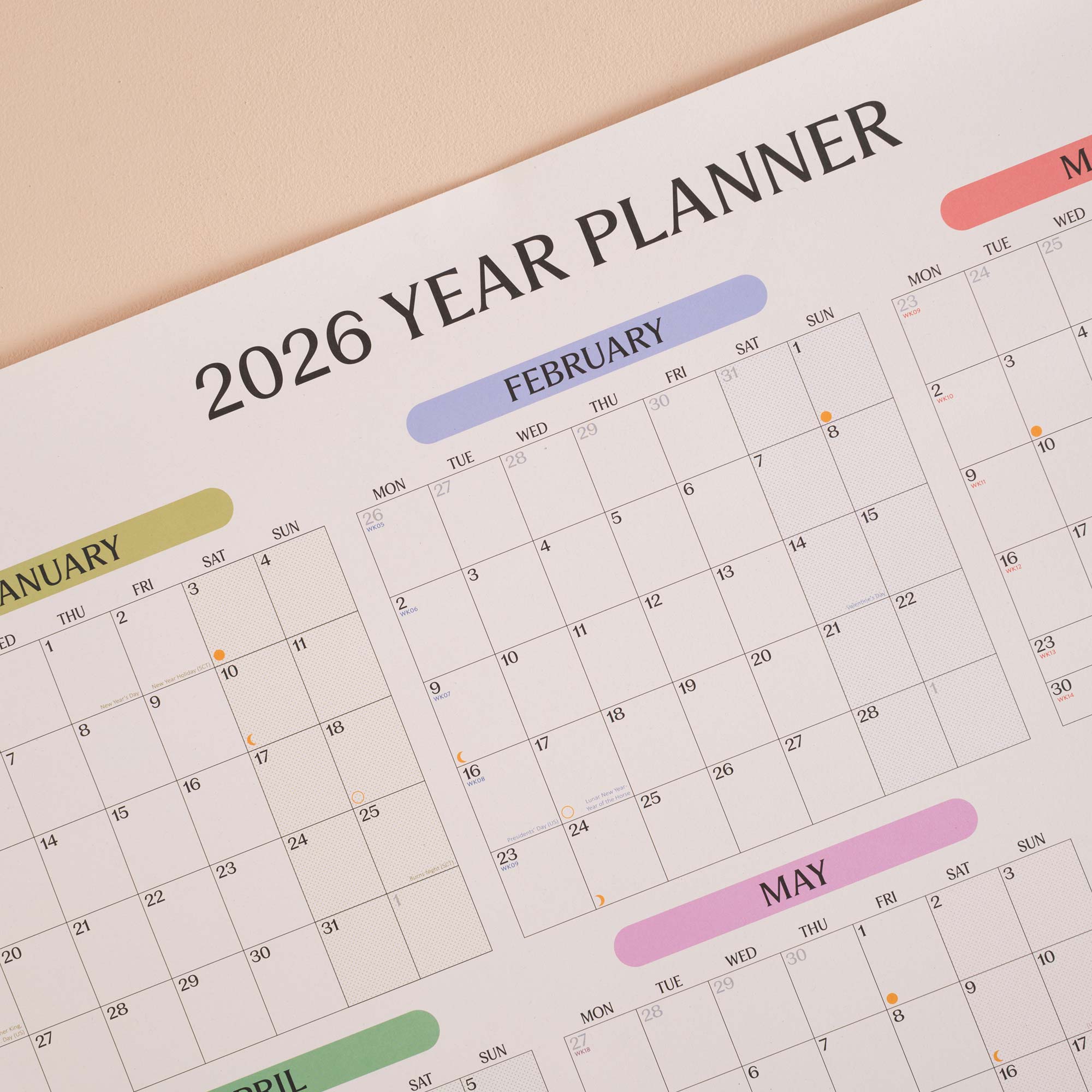 2026 Pastel A1 Wall Planner Monthly Grid Yearly Overview