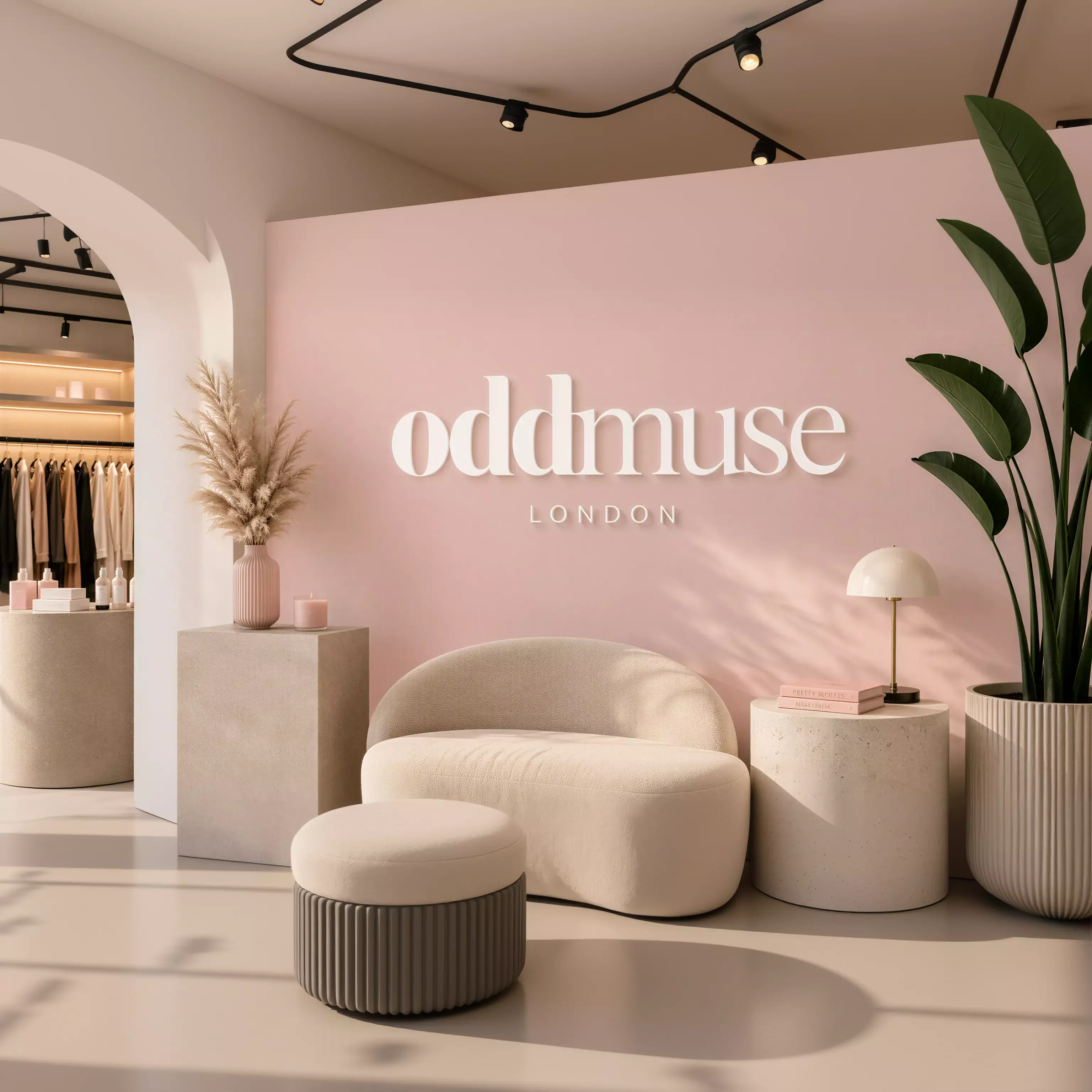 a stylish and modern interior design with a pink wall, a white sofa, a white ottoman, and a potted plant. The text "oddmuse LONDON" is displayed on the wall, indicating the brand or store name.