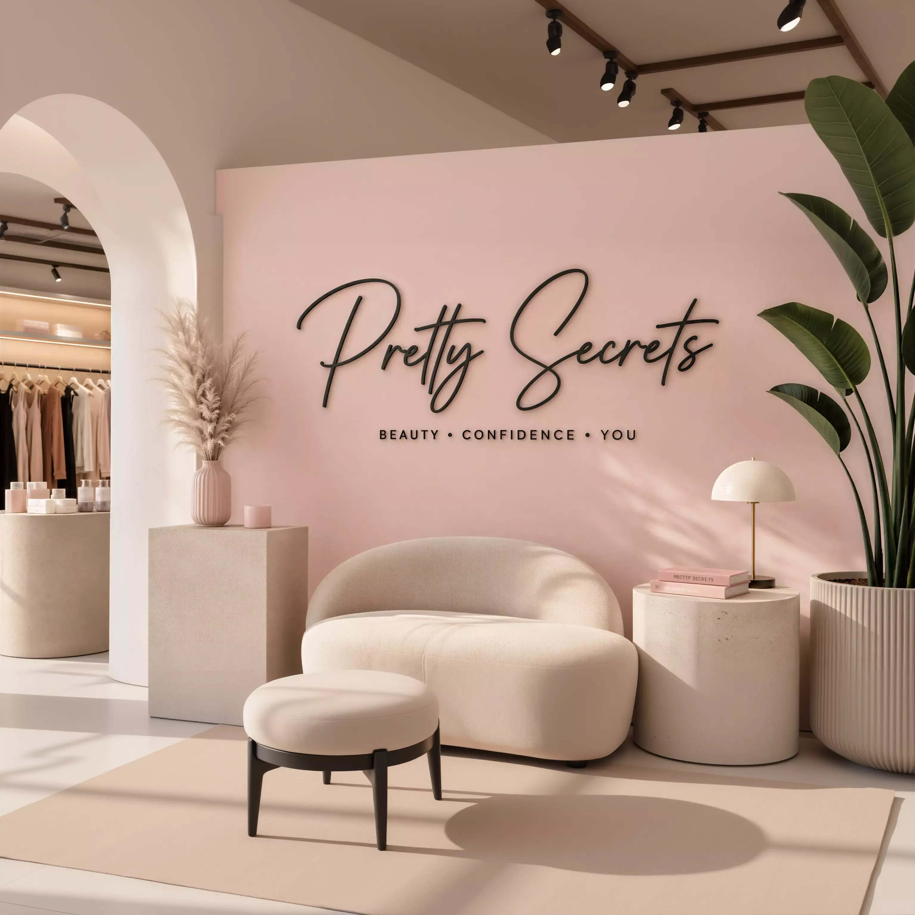 a stylish and modern interior design with a pink wall, a white sofa, a potted plant, and a sign that reads "Pretty Secrets".