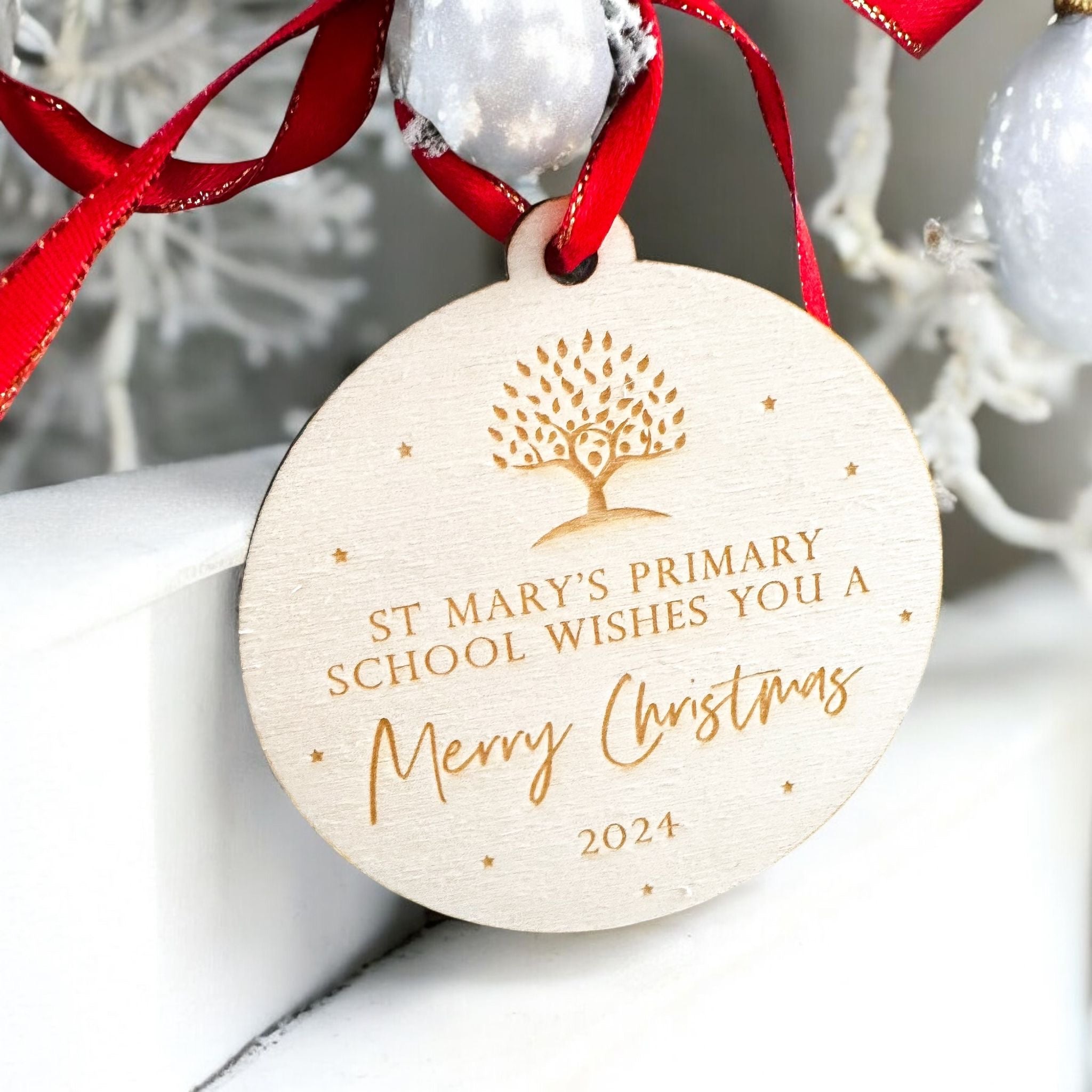 Sustainable Wood School Bauble Package, Children's Personalised Christmas Baubles