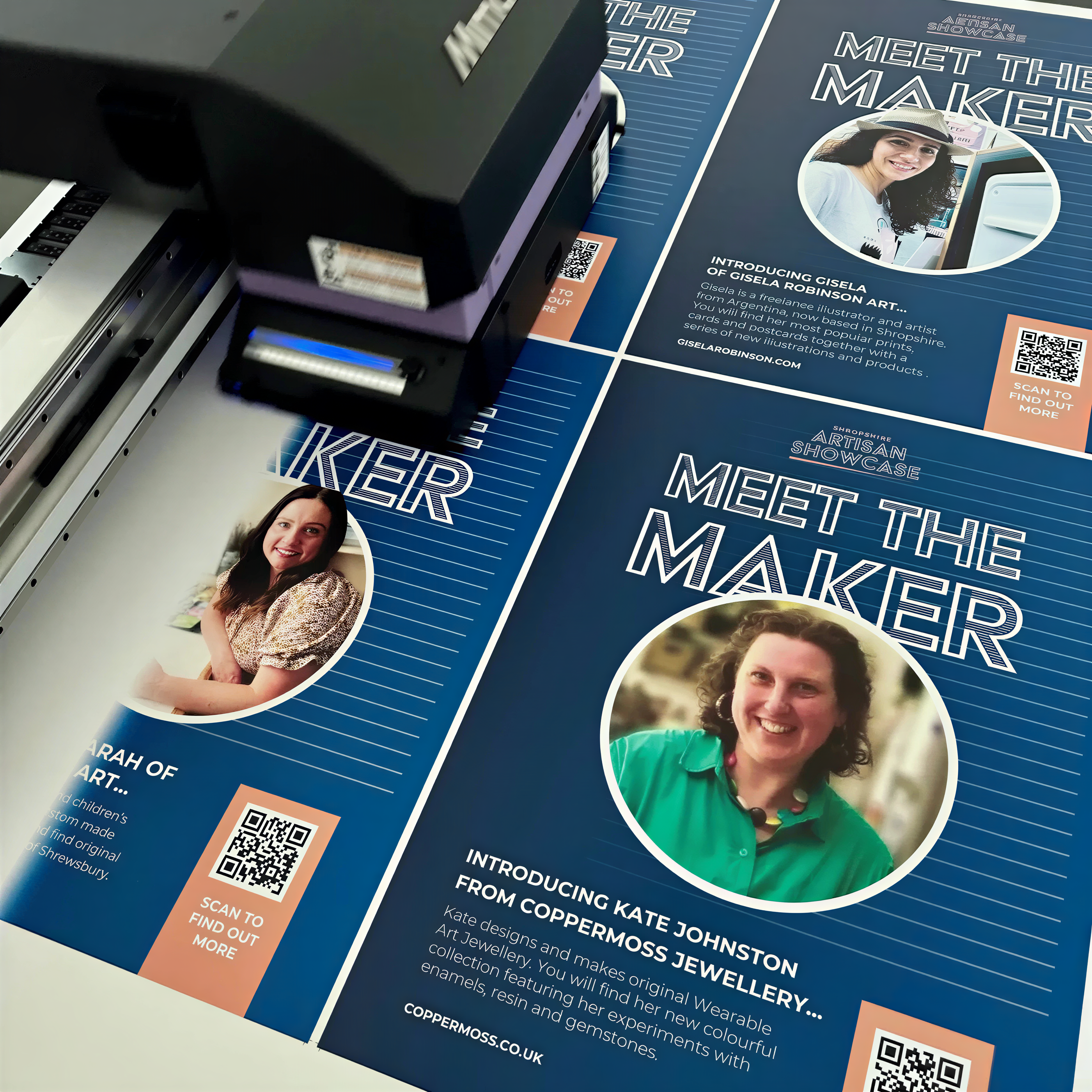 a collage of printed materials, including flyers and brochures, with the text "Meet the Maker" prominently displayed. The materials showcase images of women, and there are QR codes present. The text includes phrases like "The image depicts", "The image displays", "The image shows", "In the image", "The image captures", "The image features", and "The image includes", but these phrases are not used verbatim in the image description.