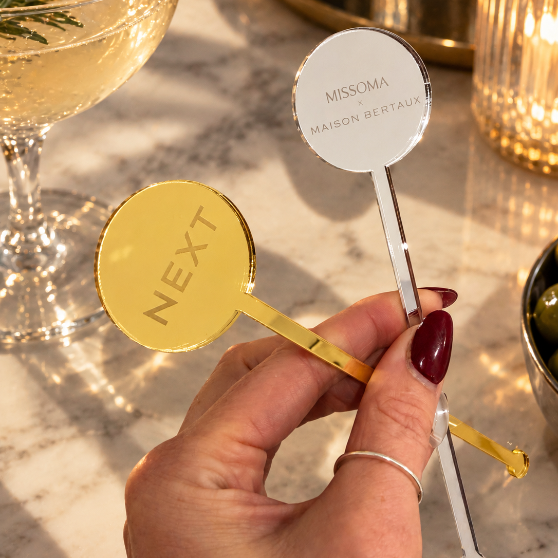 Custom Engraved Drink Stirrers in mirror acrylic for party cocktail styling