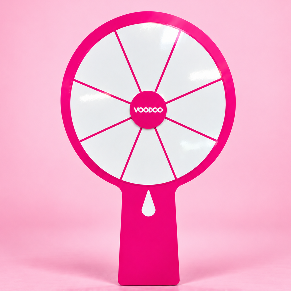 A pink and white spinning wheel with the word "WIPEABLE" written below it.
