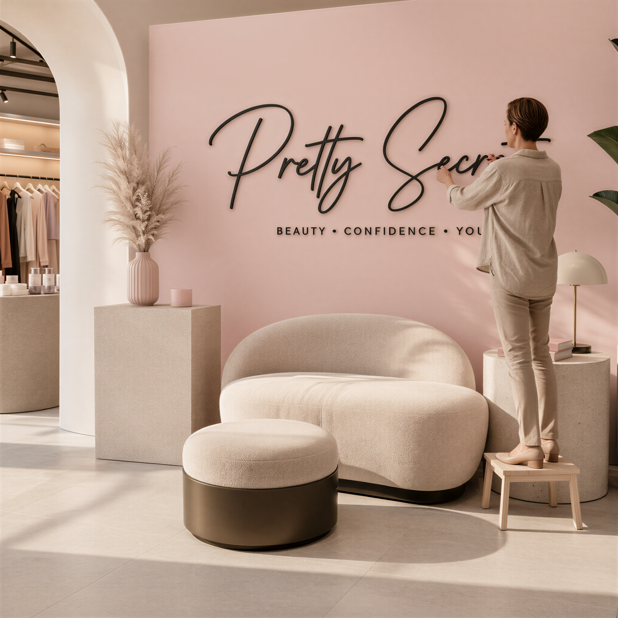 A woman is standing in a modern, minimalist-style room with a pink wall, a white sofa, and a potted plant.