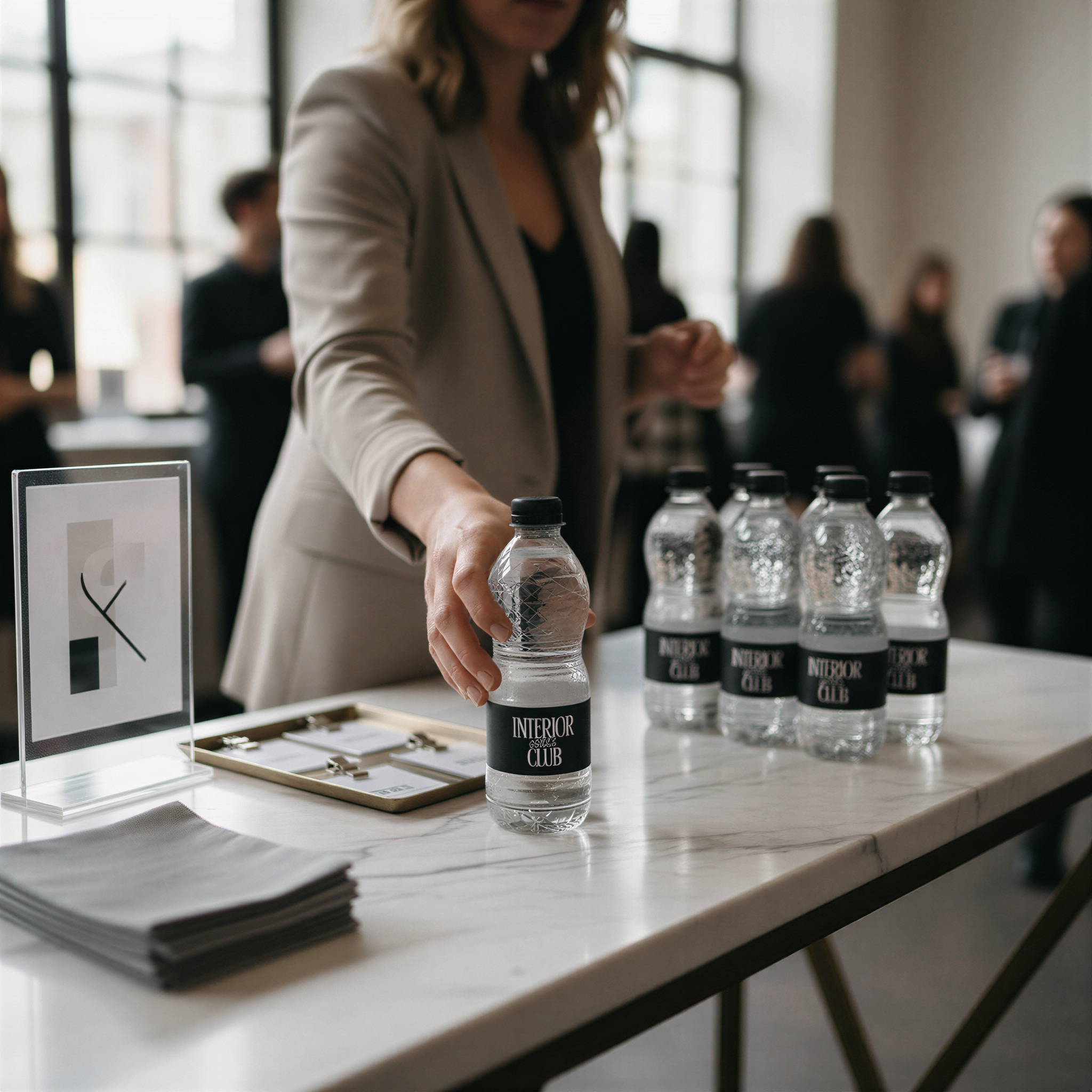 A woman in a beige jacket is standing behind a table with several water bottles on it, and there is a framed picture on the table as well.