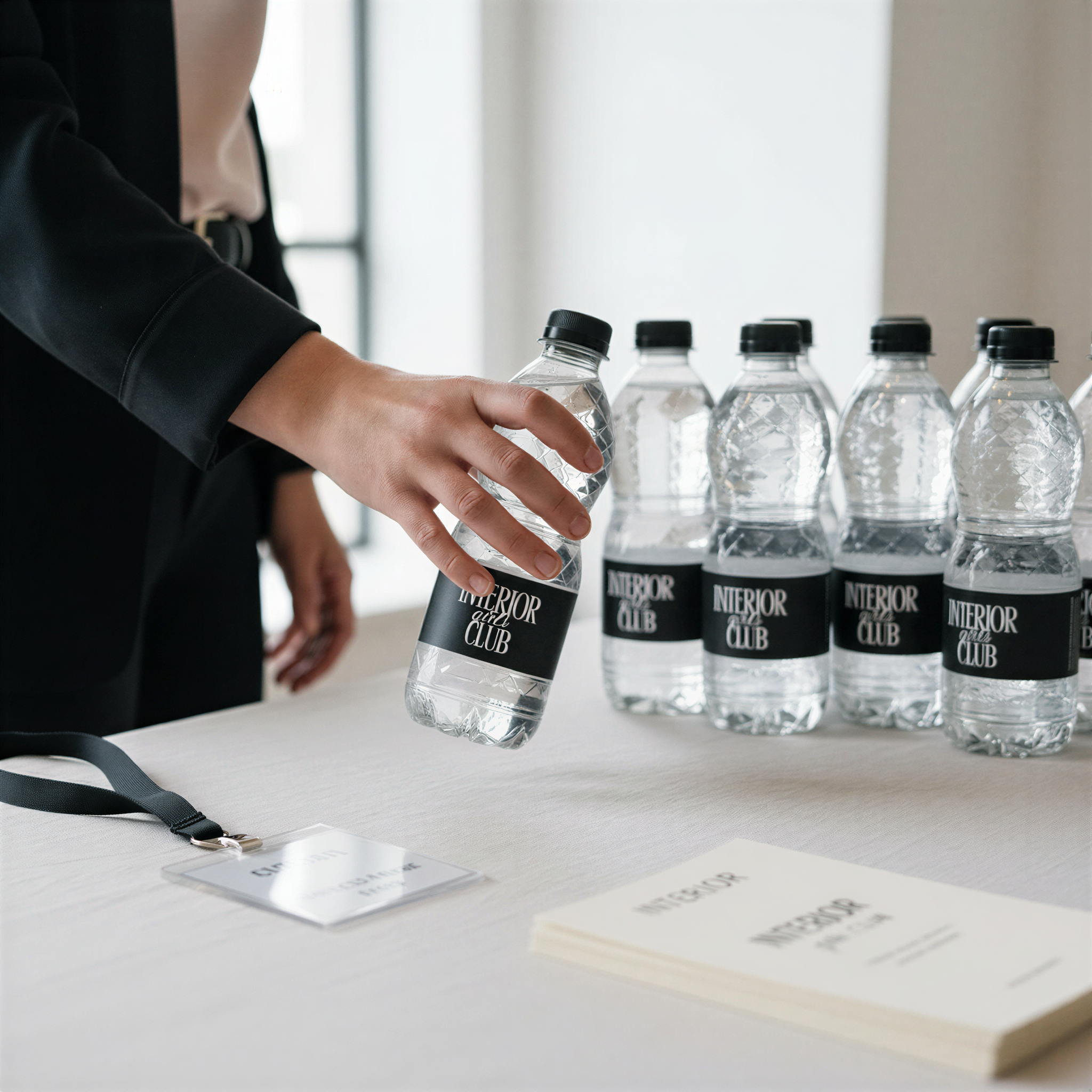A person is holding a bottle of water from the "Interior Club" brand, with several identical bottles arranged on a table in front of them.