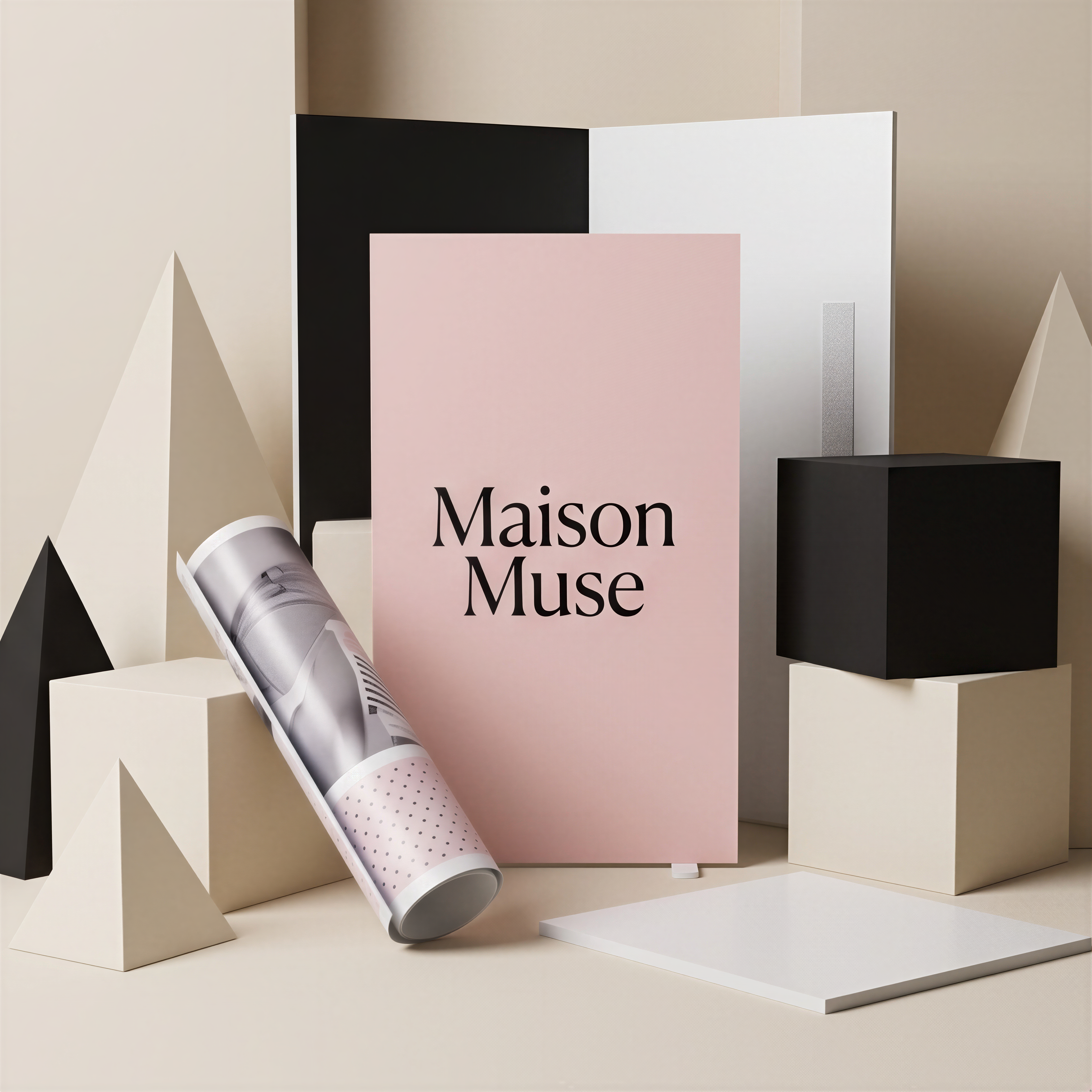 a pink poster with the text "Maison Muse" displayed prominently, surrounded by various geometric shapes and objects, including a rolled-up magazine or brochure.