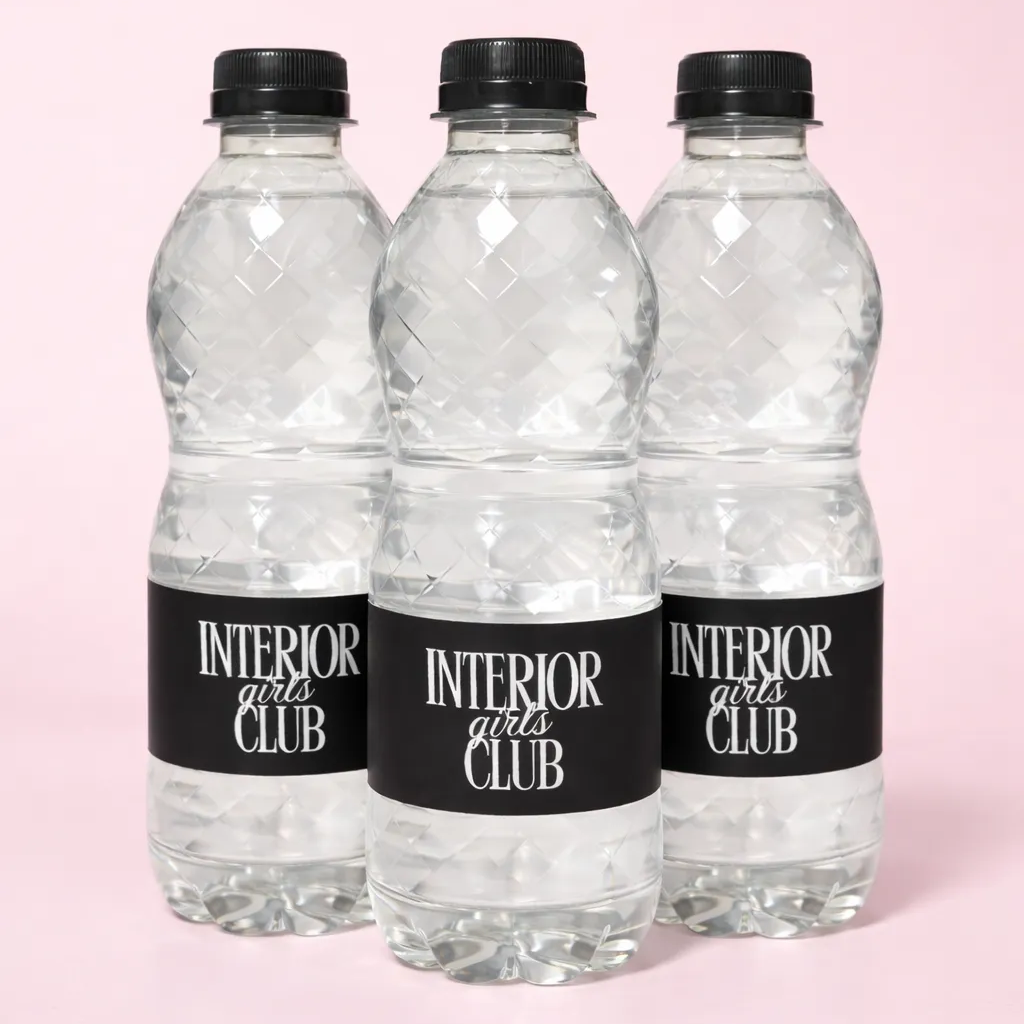 Three identical clear plastic bottles with black caps and labels that say "INTERIOR girls CLUB" are arranged in a row against a pink background.