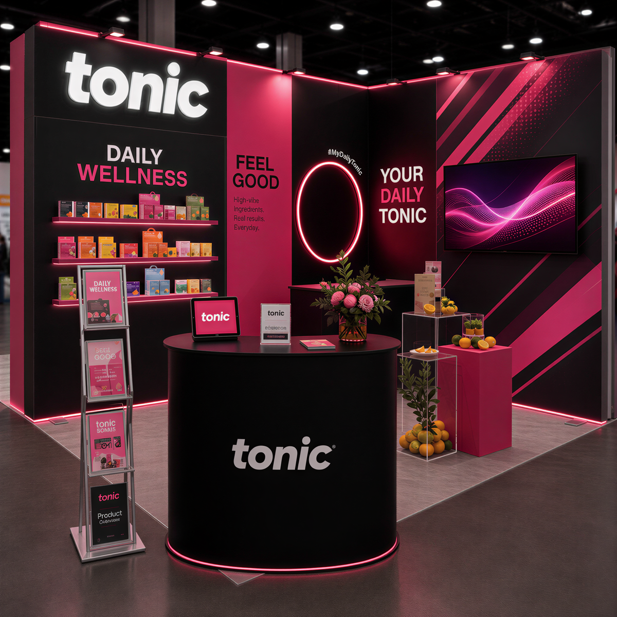 a vibrant and colorful Tonic trade show booth, showcasing various products and promotional materials. The booth has a pink and black color scheme, with the brand name "tonic" prominently displayed. The booth is filled with a variety of items, including a large TV screen, a display of oranges, and a potted plant. The overall design and layout of the booth create an engaging and visually appealing environment for potential customers.