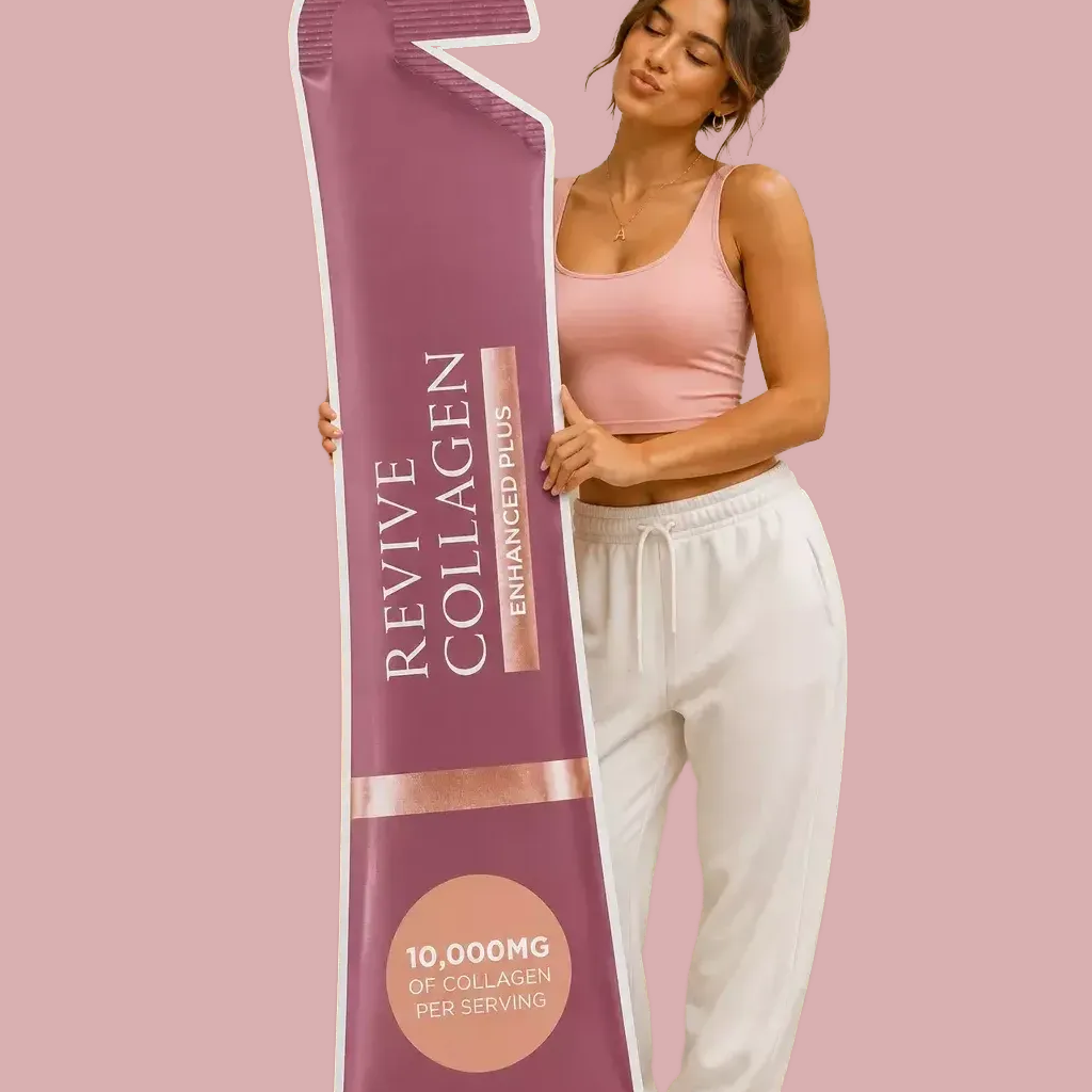 A woman in a pink tank top and white pants is holding a large collagen supplement package, which is pink and white in color.