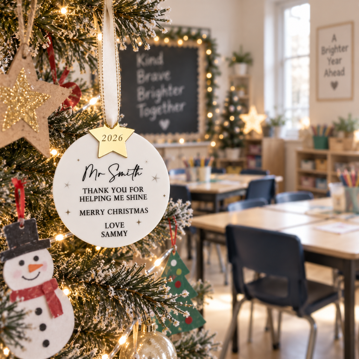 a Christmas tree decorated with ornaments, including a personalized ornament that says "Mr. Smith" and "Thank you for helping me shine. Merry Christmas. Love Sammy". The tree is surrounded by other ornaments, and there is a chalkboard in the background.