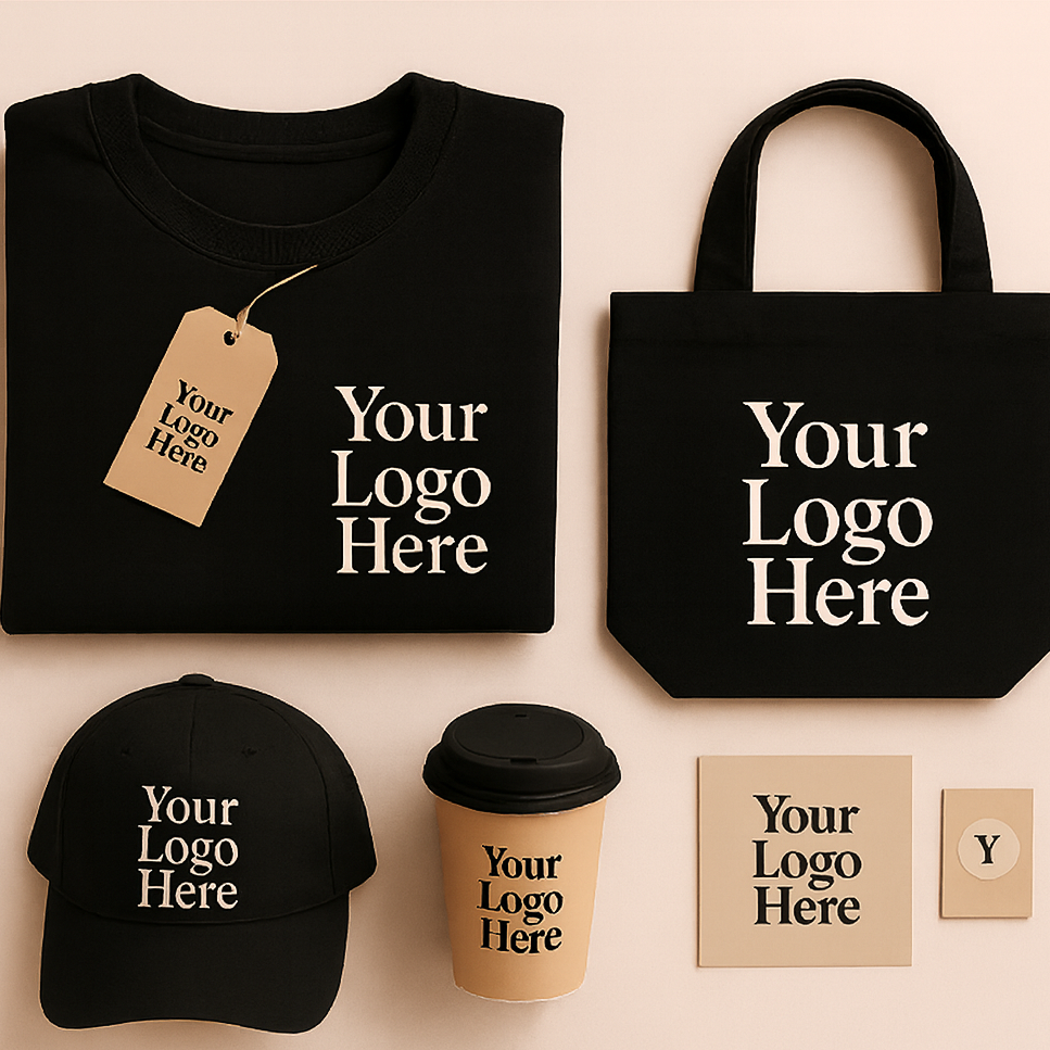 Black t-shirt, bag, cap, and coffee cup with 'Your Logo Here' text on a beige background.