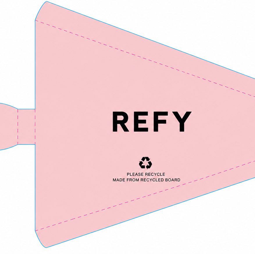 A flat packaging template sheet showing a pink semi-glass pizza box slice with a thumb cutout, labeled 'REFY' and 'PLEASE RECYCLE'. The sheet includes a proof block with the brand 'pack genie' and color swatches.