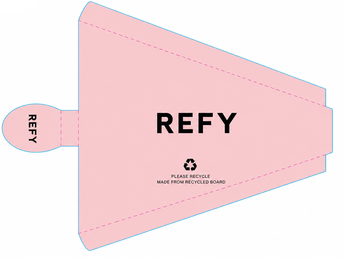 A flat packaging template sheet showing a pink semi-glass pizza box slice with a thumb cutout, labeled 'REFY' and 'PLEASE RECYCLE'. The sheet includes a proof block with the brand 'pack genie' and color swatches.