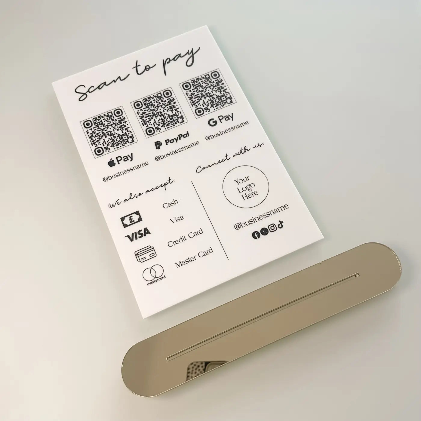 Acrylic qr code sign – luxury personalised payment display | contactless scan to pay