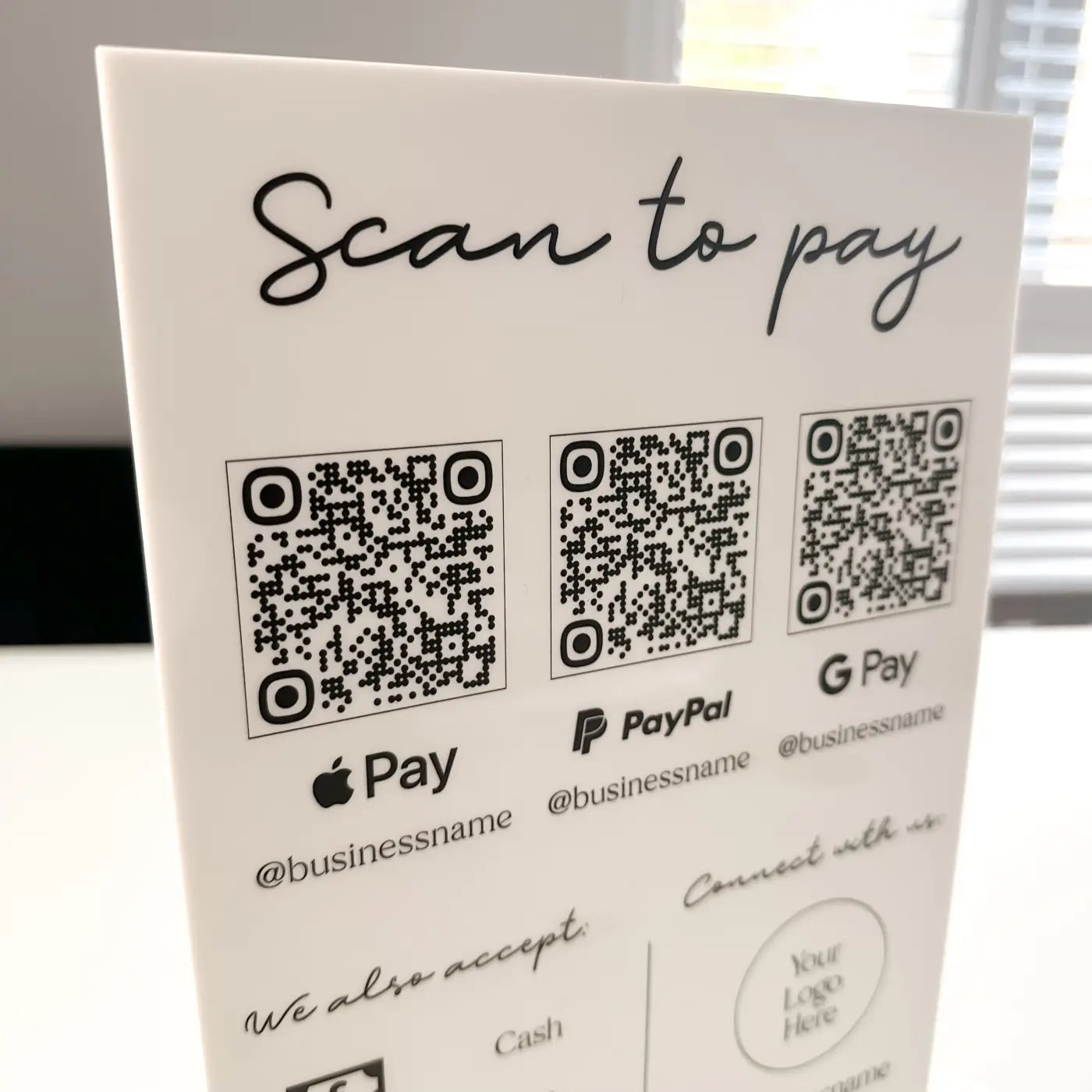 Acrylic qr code sign – luxury personalised payment display | contactless scan to pay