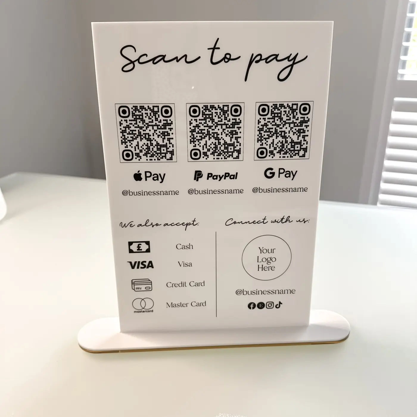 Acrylic qr code sign – luxury personalised payment display | contactless scan to pay