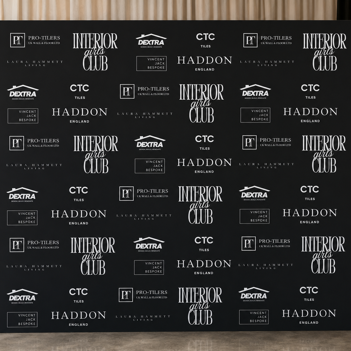 The image is a black and white collage featuring various logos and text related to interior design and flooring companies.