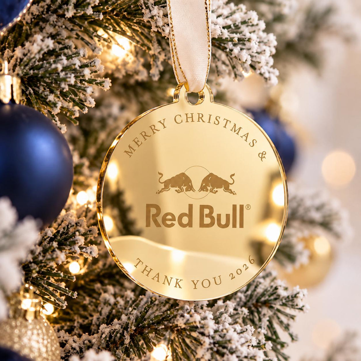 Custom Logo Christmas Baubles in mirror acrylic designed for branded Christmas trees