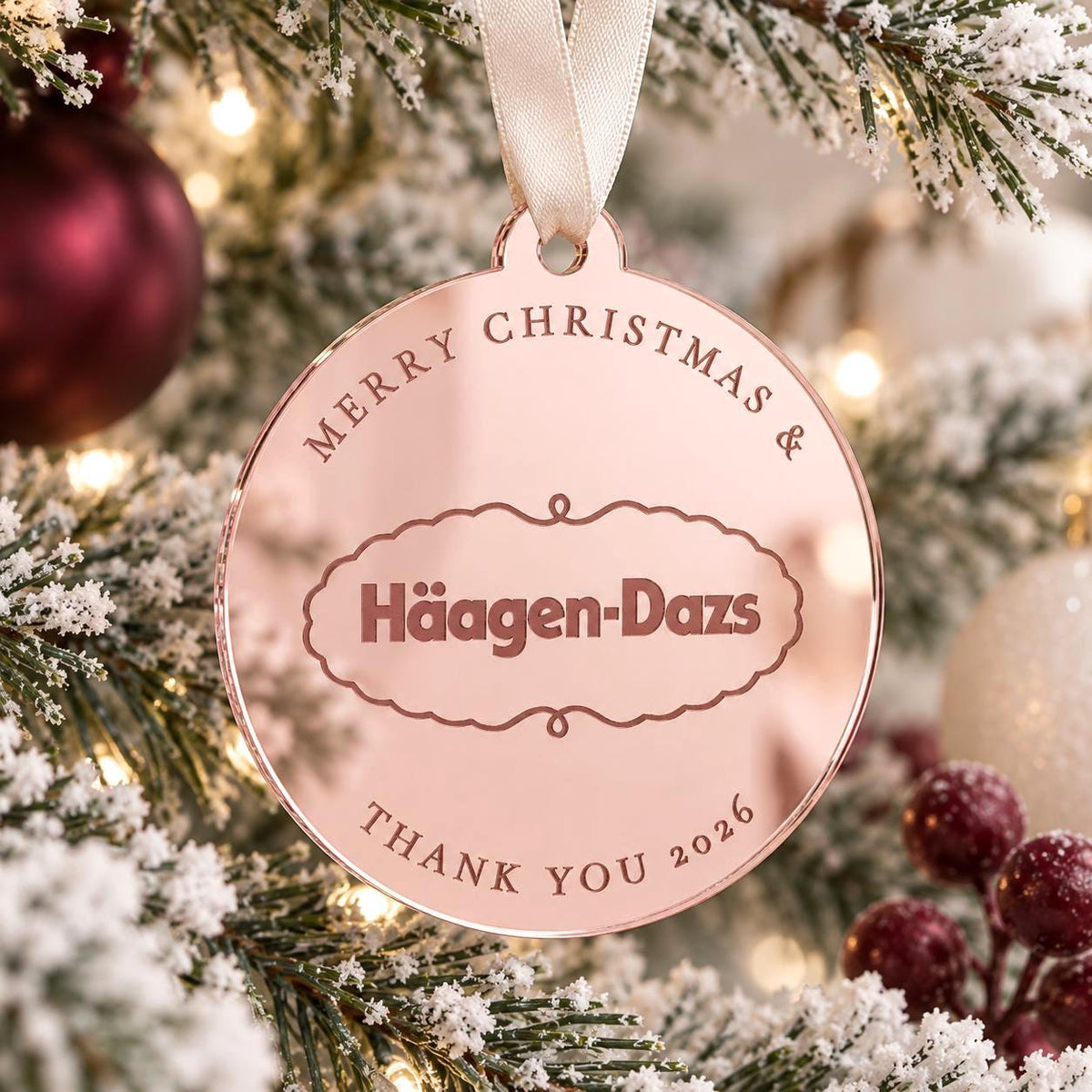 Custom Logo Christmas Baubles in mirror acrylic for company Christmas displays