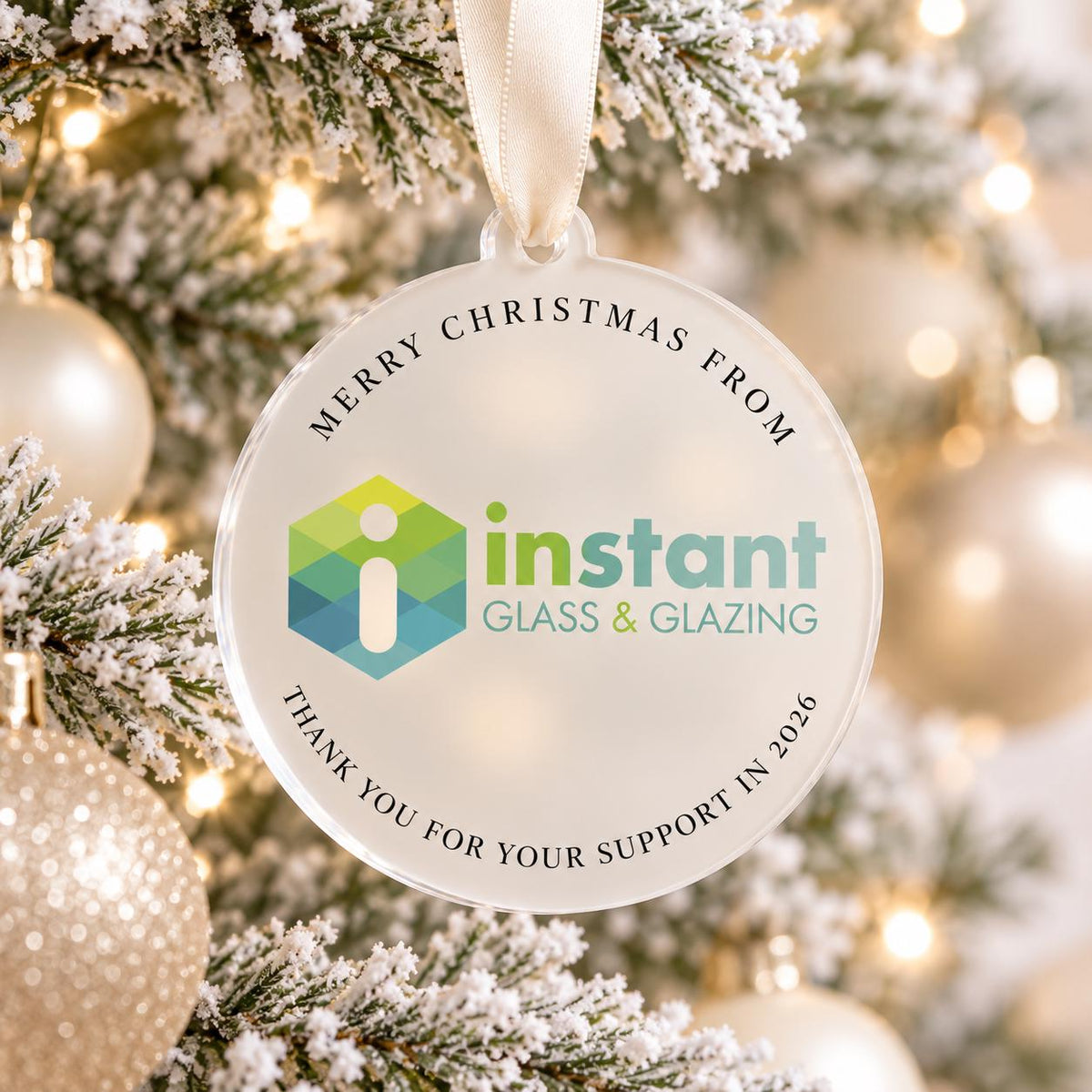 Custom Logo Christmas Baubles in frosted acrylic featuring custom printed artwork