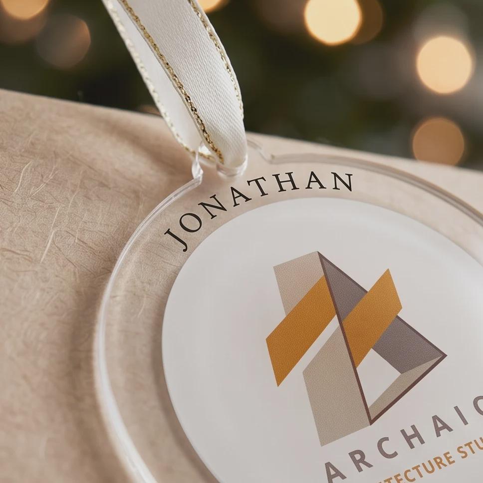 Custom Logo Christmas Baubles in clear acrylic designed for branded Christmas trees