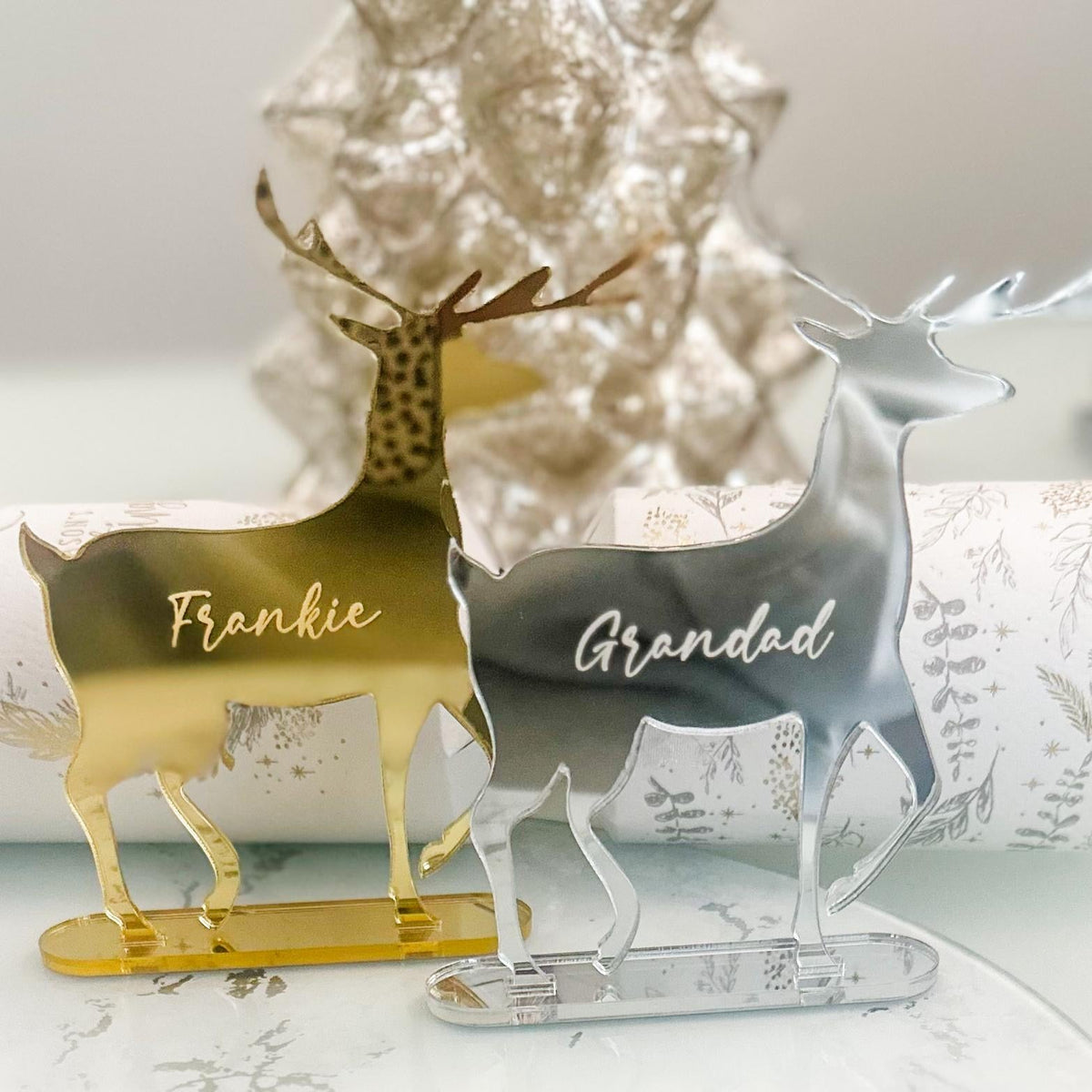 Engraved Reindeer Place Names in wood for personalised Christmas table decor