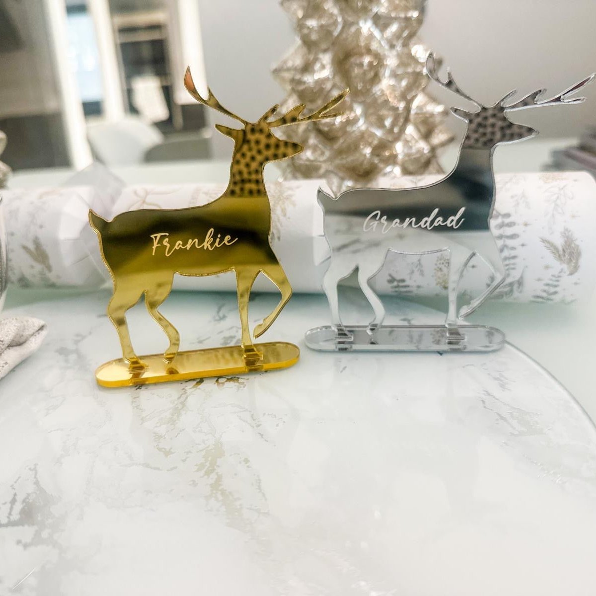 Engraved Reindeer Place Names in wood featuring a custom name design for personalised Christmas table decor