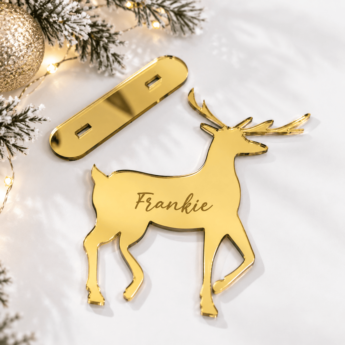 Engraved Reindeer Place Names in wood featuring a custom name design