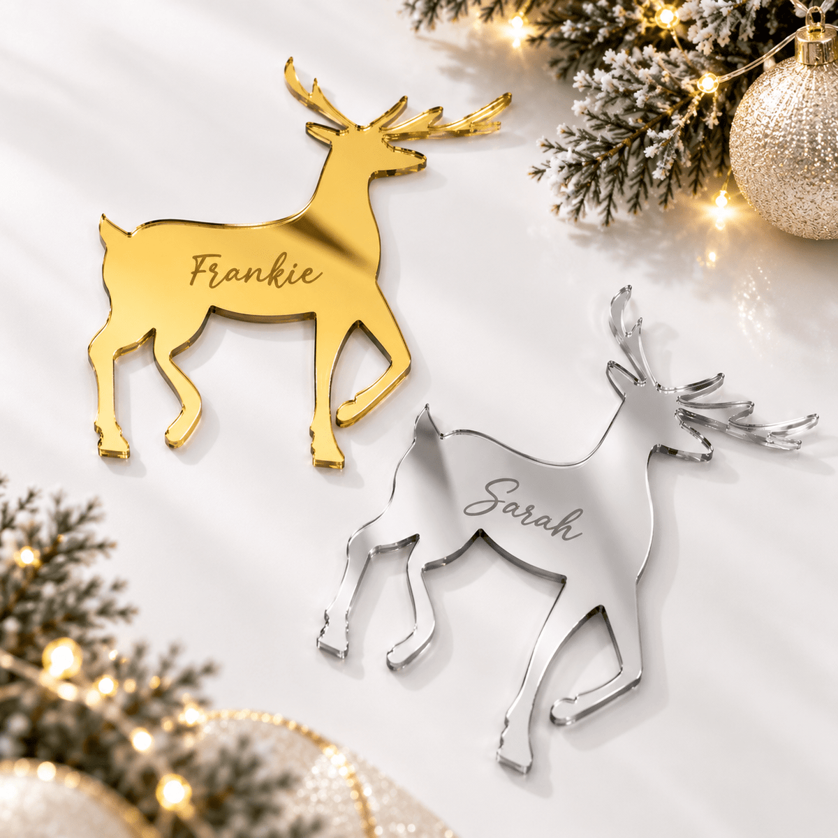 Engraved Reindeer Place Names in wood designed for Christmas dinner table settings