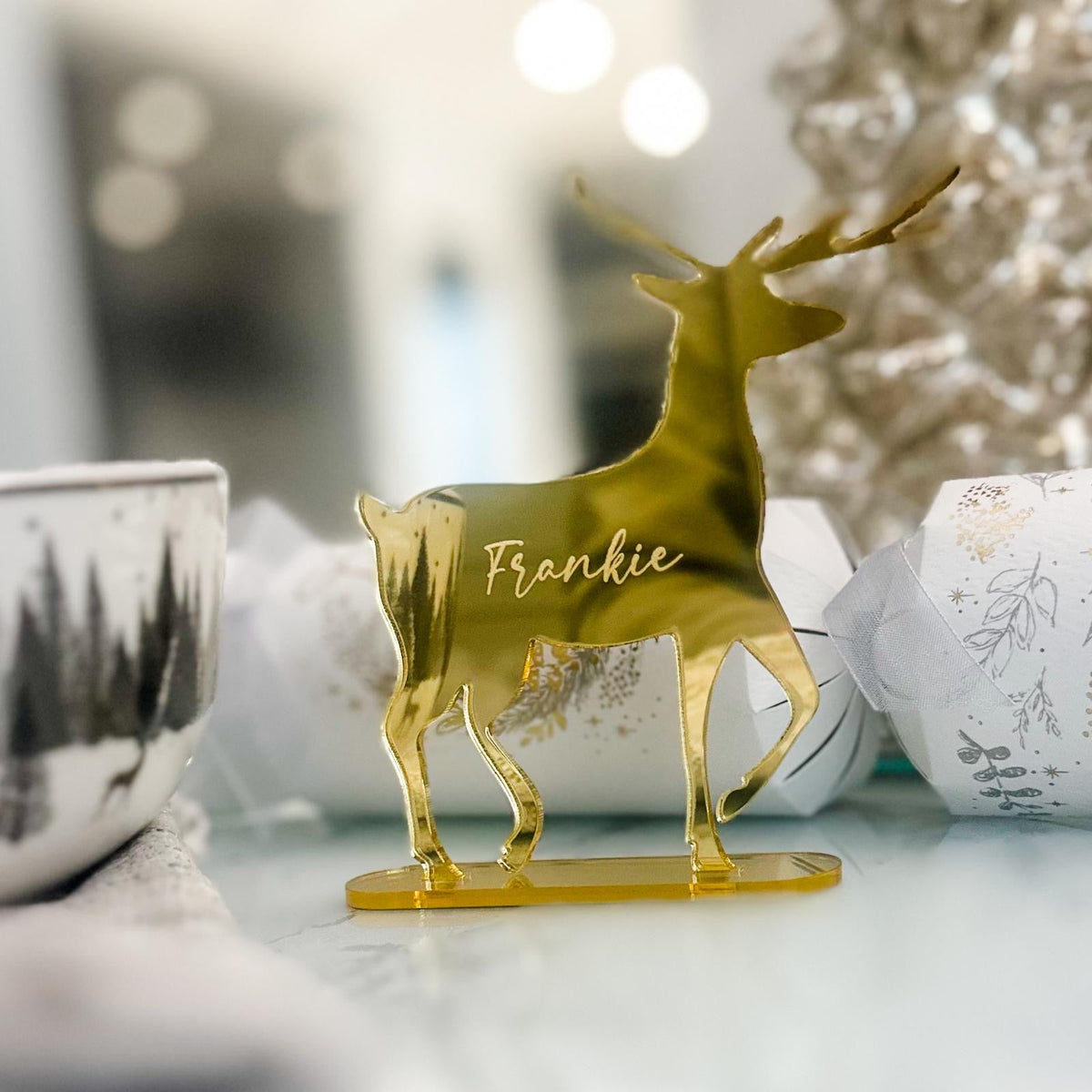 Engraved Reindeer Place Names in wood with a custom name design