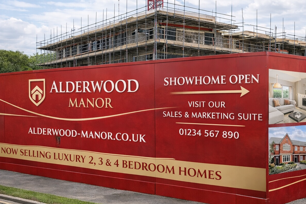Red Alderwood Manor signboard with construction site in the background