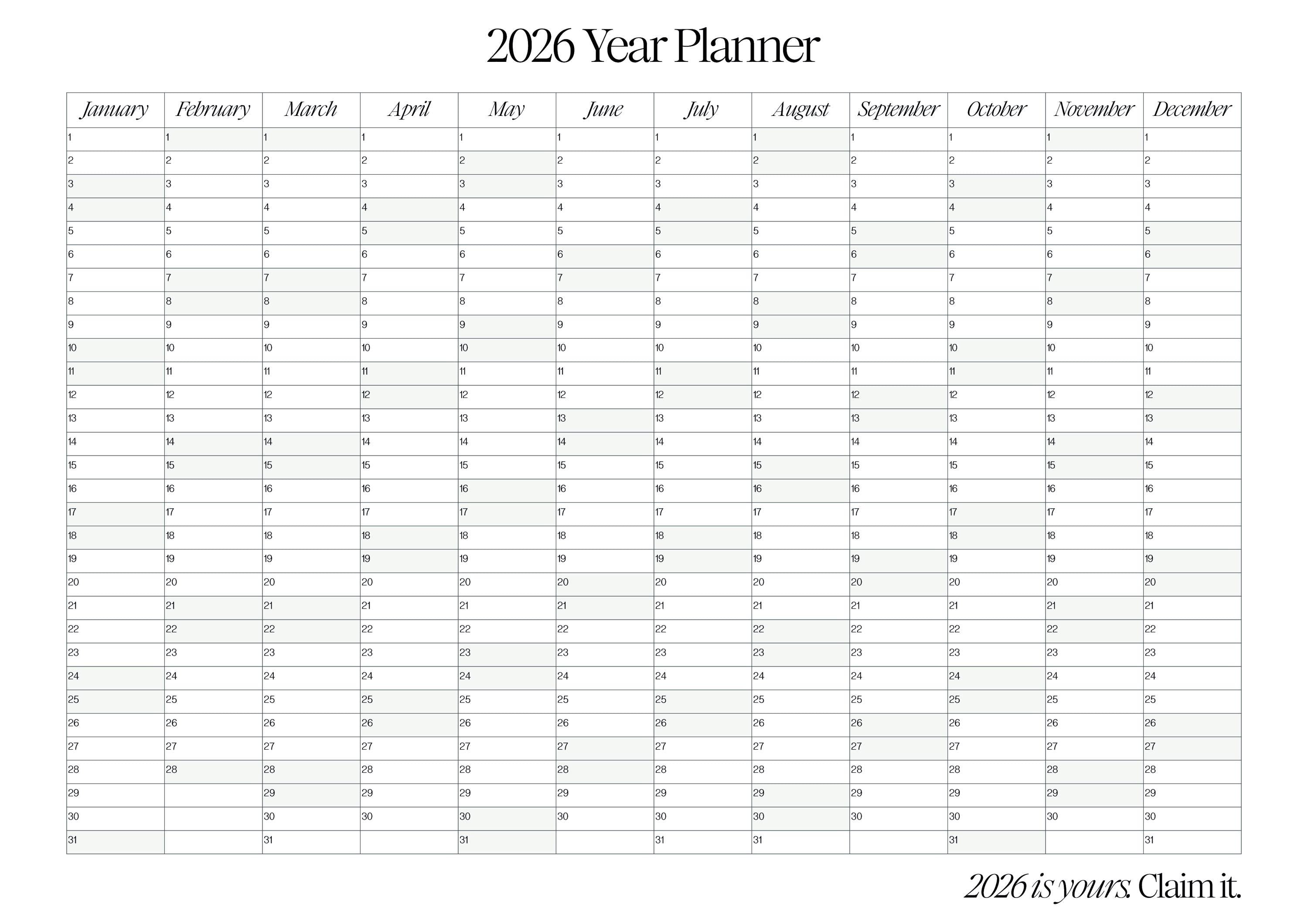 Eco Friendly Wall Planner: 2026 Year at a Glance, Large Size