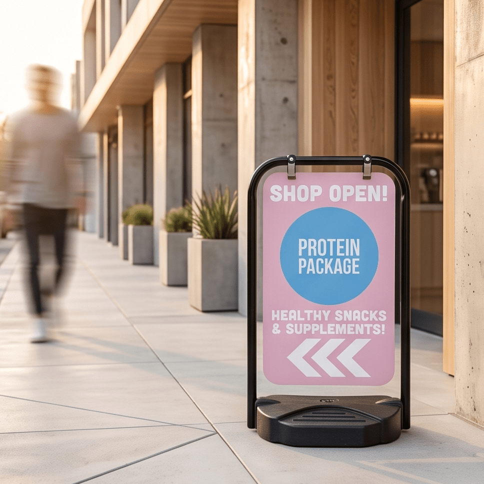 Pavement Swing Sign with bespoke printed design for commercial signage