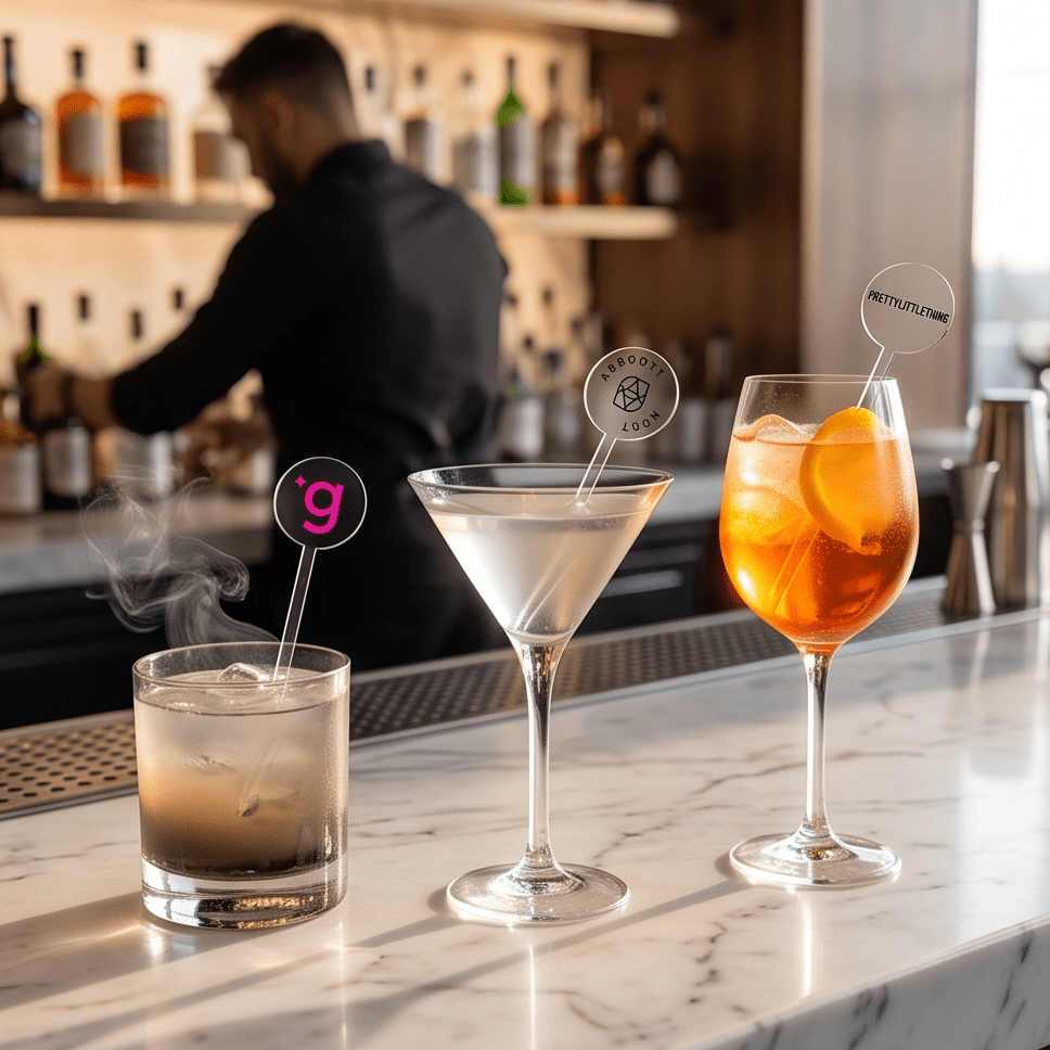 Personalised Acrylic Drink Stirrers featuring a personalised company logo