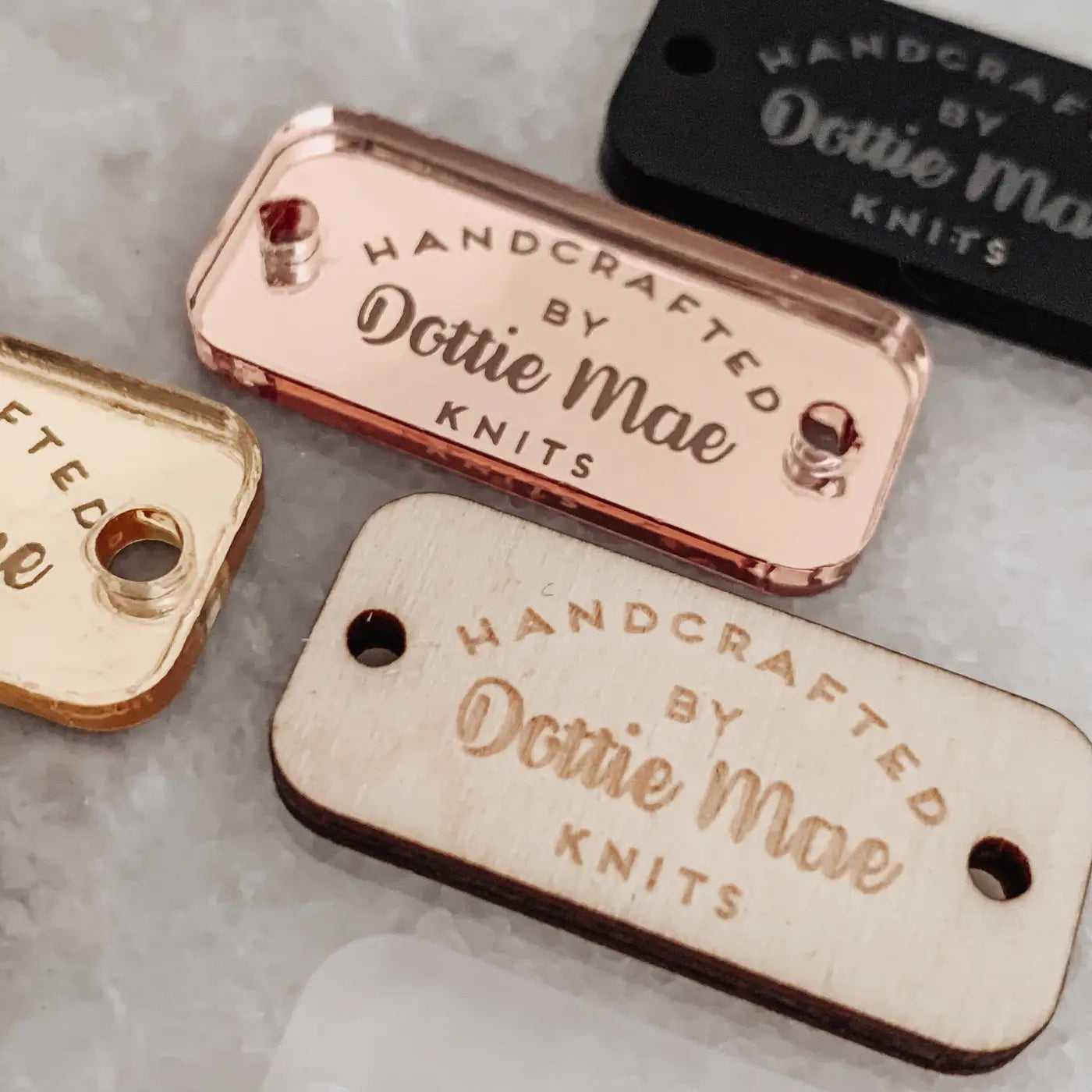 Personalised button tag – custom product labels with engraved wood buttons & acrylic gift tags