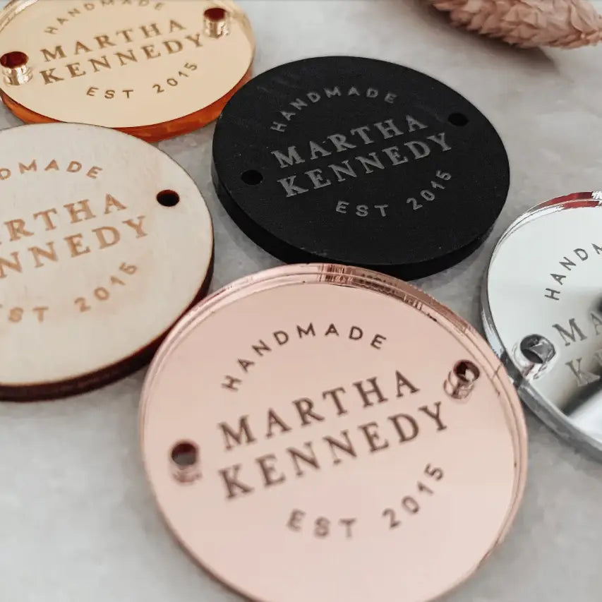 Personalised button tag pack of 5 – luxury acrylic circular tags with sew holes
