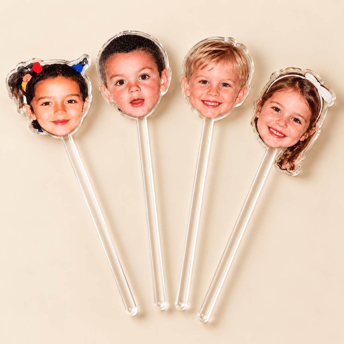 Personalised Childhood Photo Clear Drinks Stirrers with a personalised photo design for party table styling