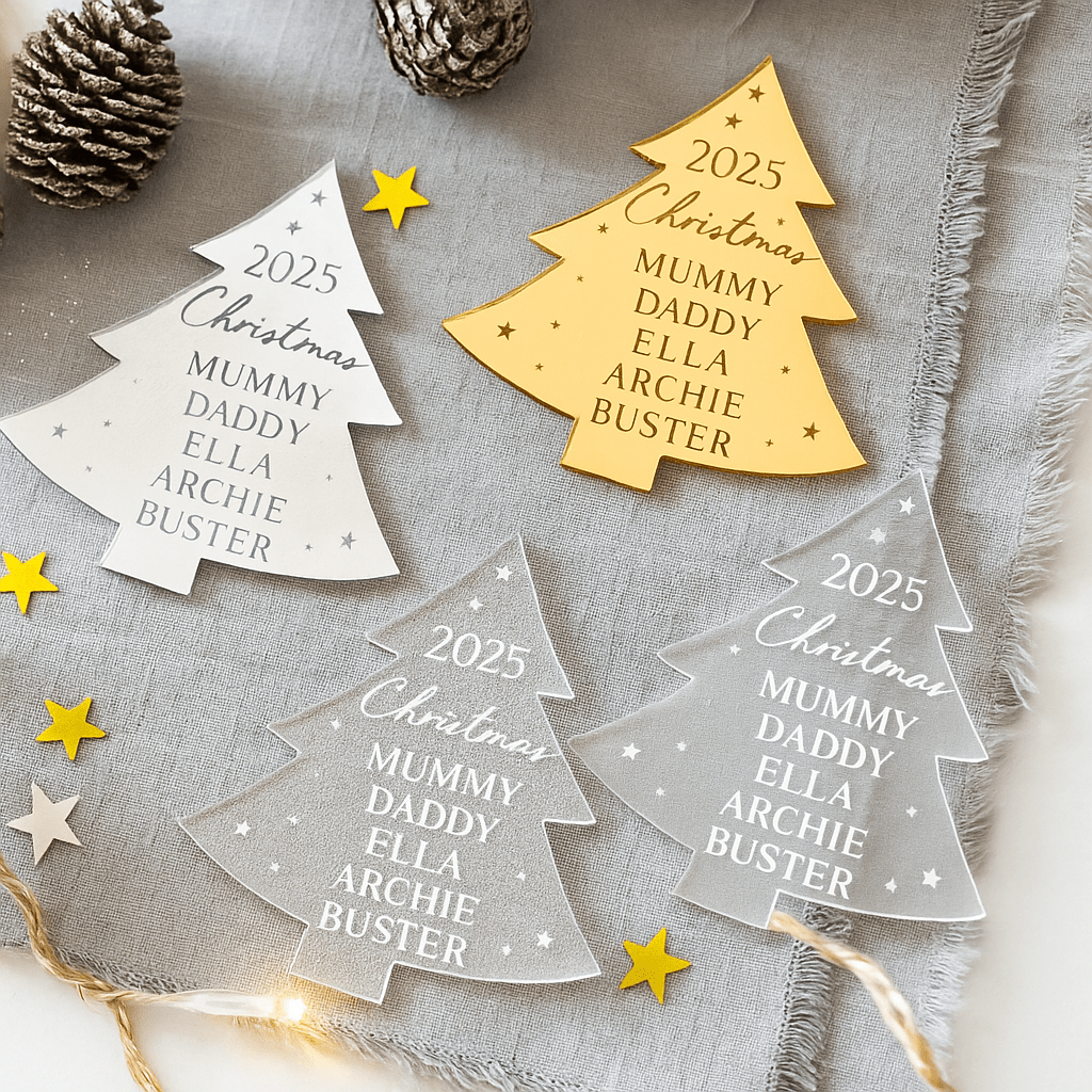 Personalised family Christmas bauble featuring a custom name design