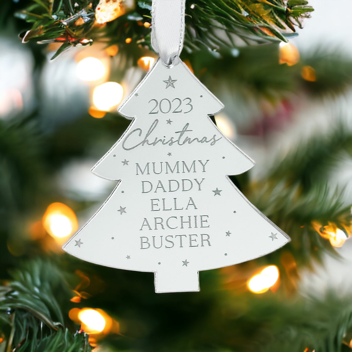 Personalised family Christmas bauble featuring a custom name design for Christmas tree decorations