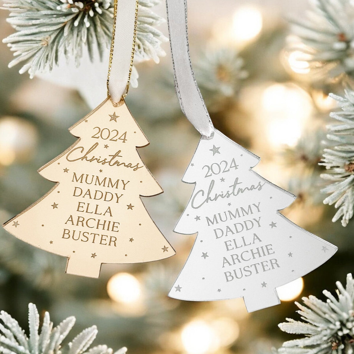 Personalised family Christmas bauble designed for Christmas tree decorations