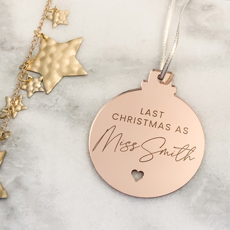 Personalised bride-to-be Christmas bauble with a custom name design for Christmas keepsake gifts