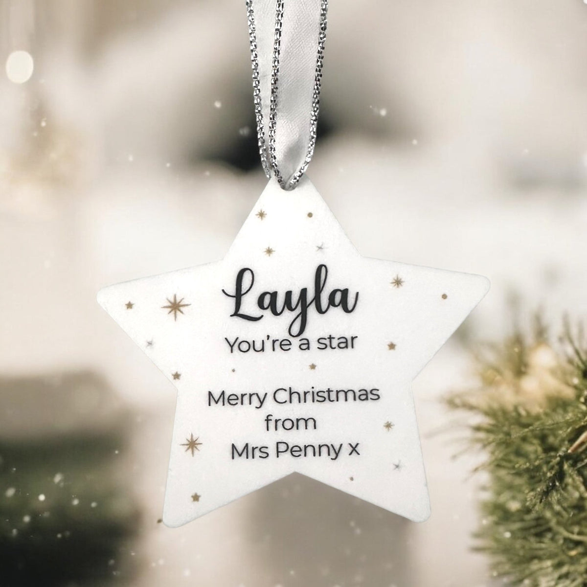 Personalised Christmas Star with a custom name design for Christmas decorations