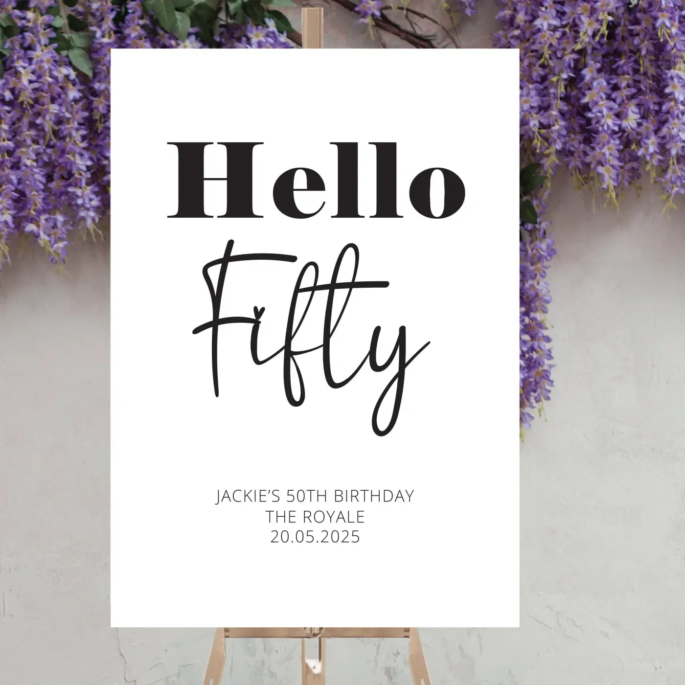 Personalised event sign – luxury 50th birthday welcome party on foamboard