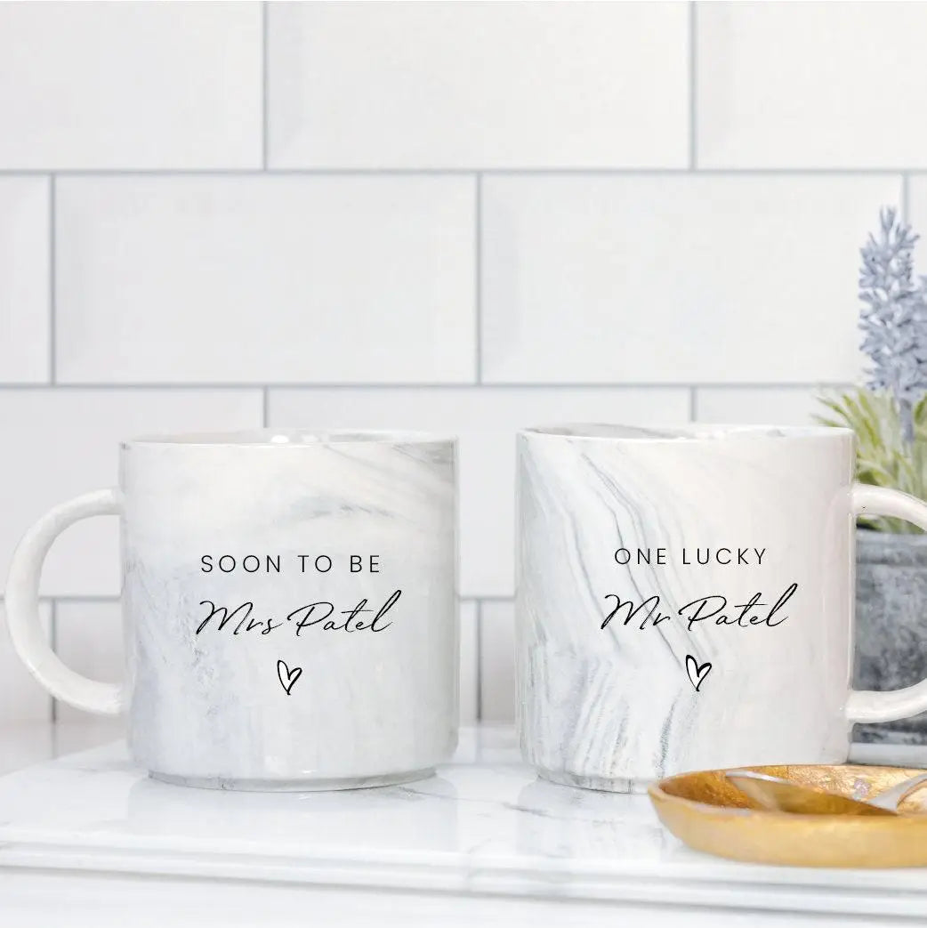 Personalised his & hers engagement mugs - marble ceramic set 14oz dishwasher safe