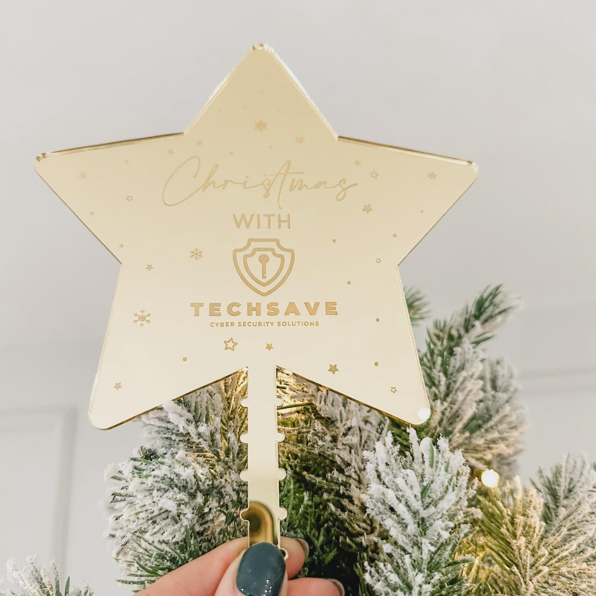 Personalised Logo Christmas Tree Topper in mirror acrylic with personalised engraving for company Christmas displays