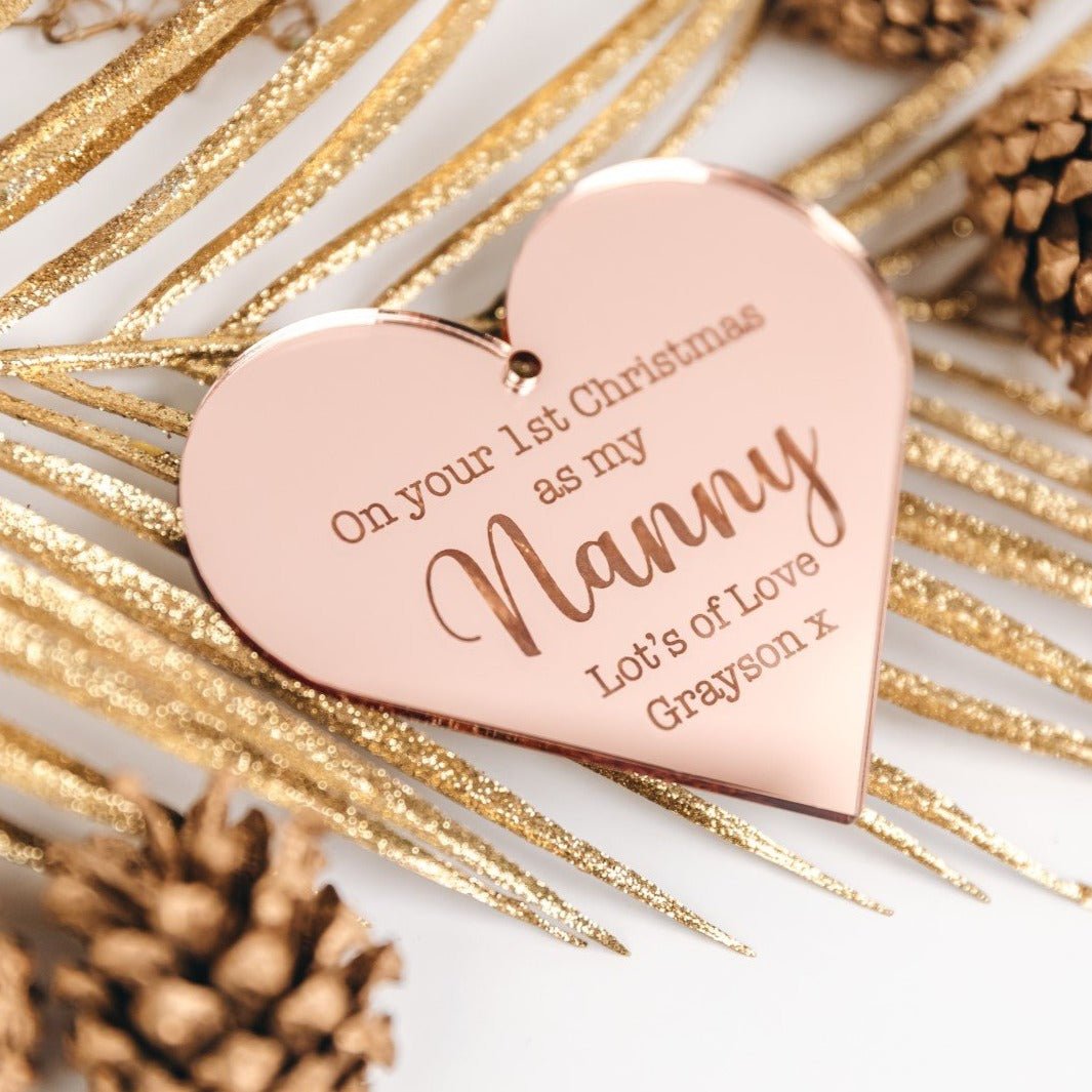 Personalised Nanny Bauble with engraving featuring a custom name design